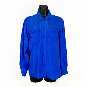 VTG Petite Sophisticate 100% Silk Blue Blouse Button Eyelet Pockets Collar Shirt
